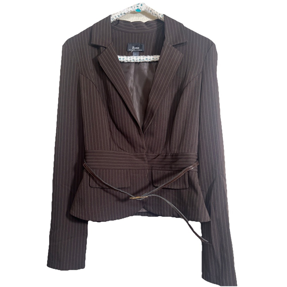B Wear Brown Pin-Stripe Belted Blazer Women's Size L